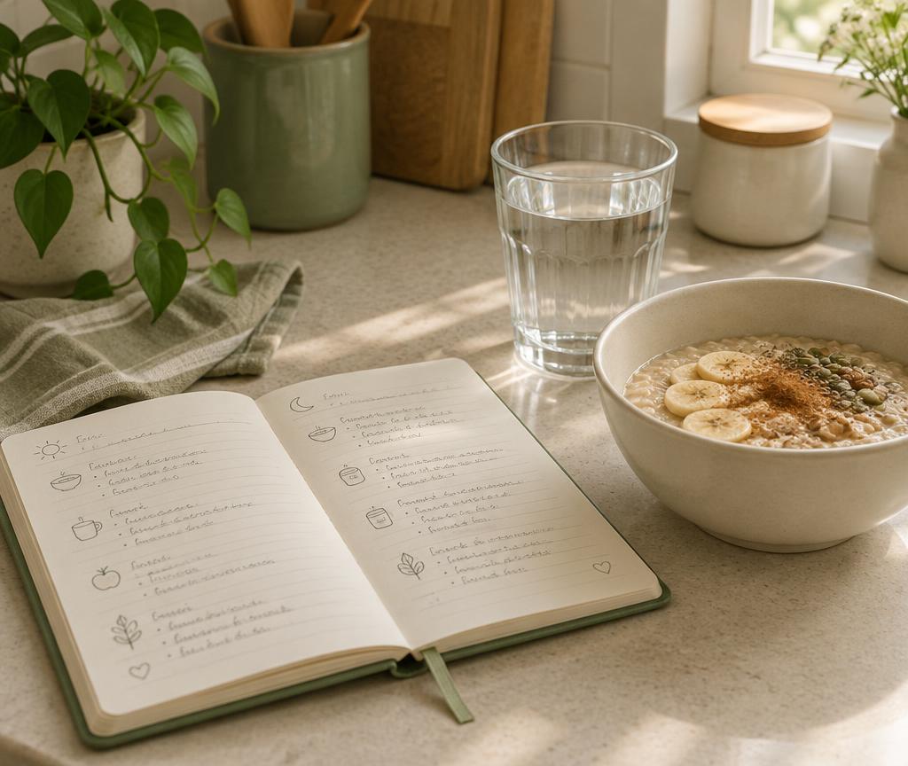 A handwritten food diary beside a glass of water and a bowl of oatmeal